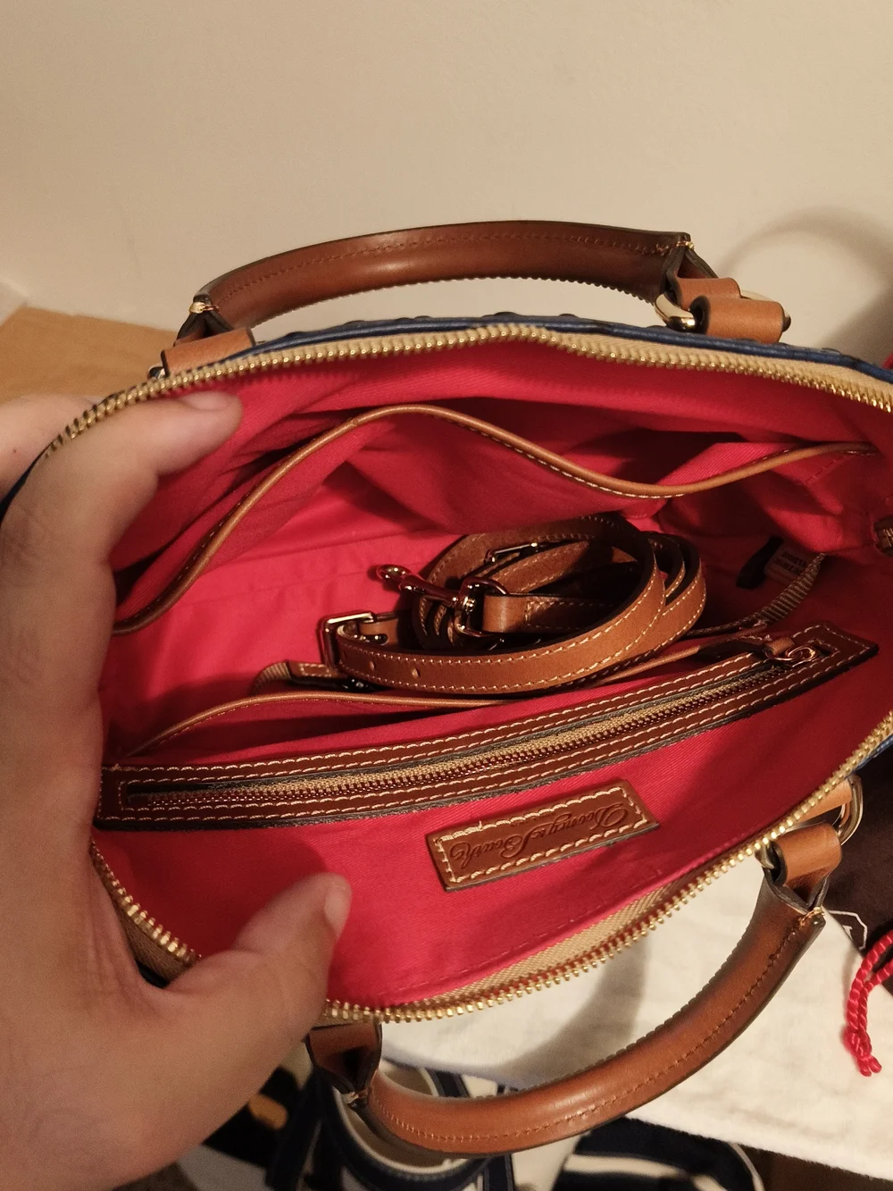 Dooney & Bourke Navy Ostrich-Embossed Satchel with Brown Trim